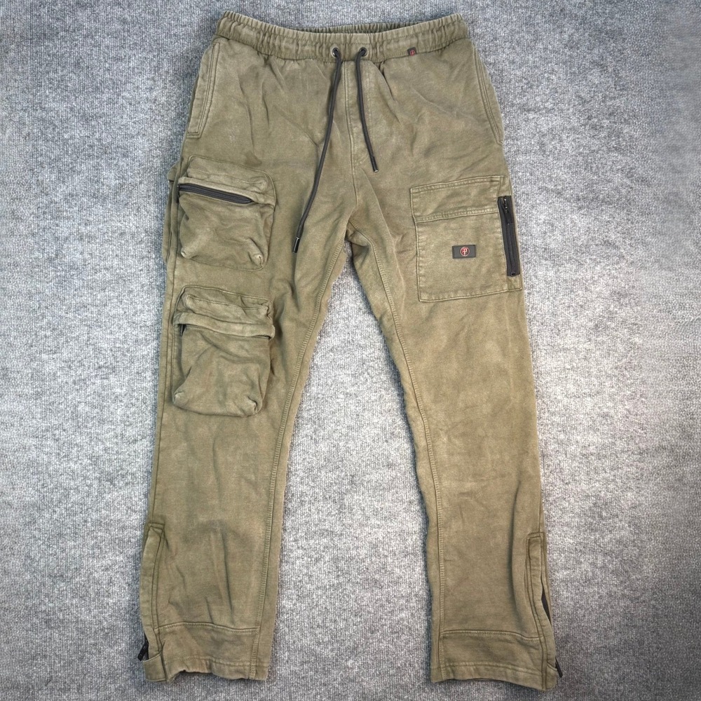 Preme Mens Heavyweight Cotton Cargo Joggers Olive Green Tactical Pants Sz Large